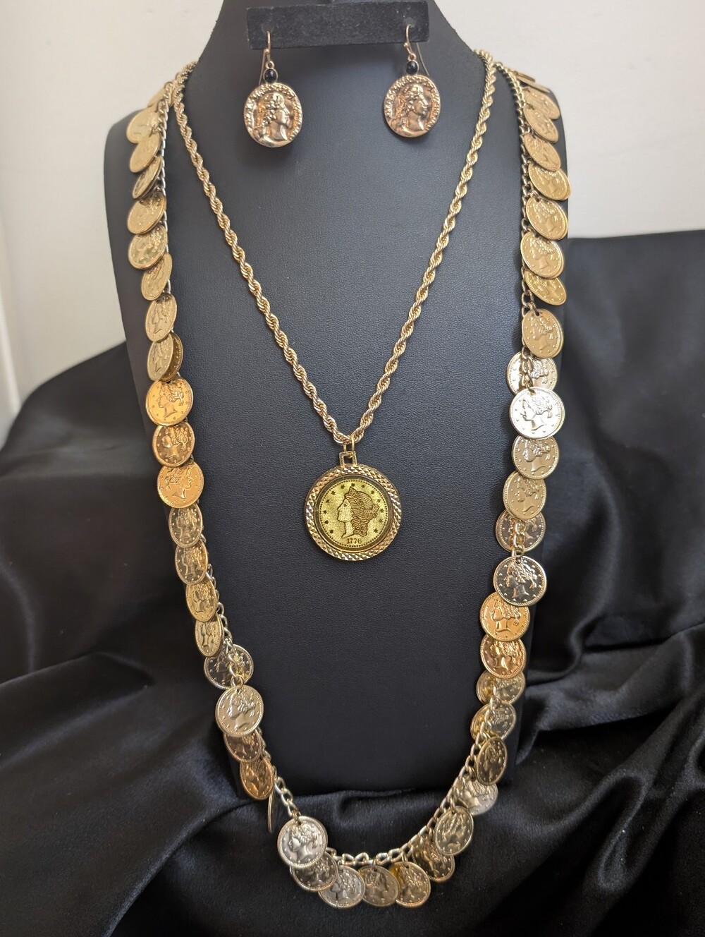Vintage Gold Tone Coin Necklaces & Earrings